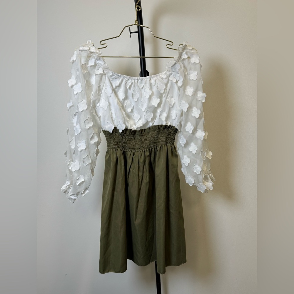Girls Smocked Dress White Floral Mesh Top (Size 10–11Y)